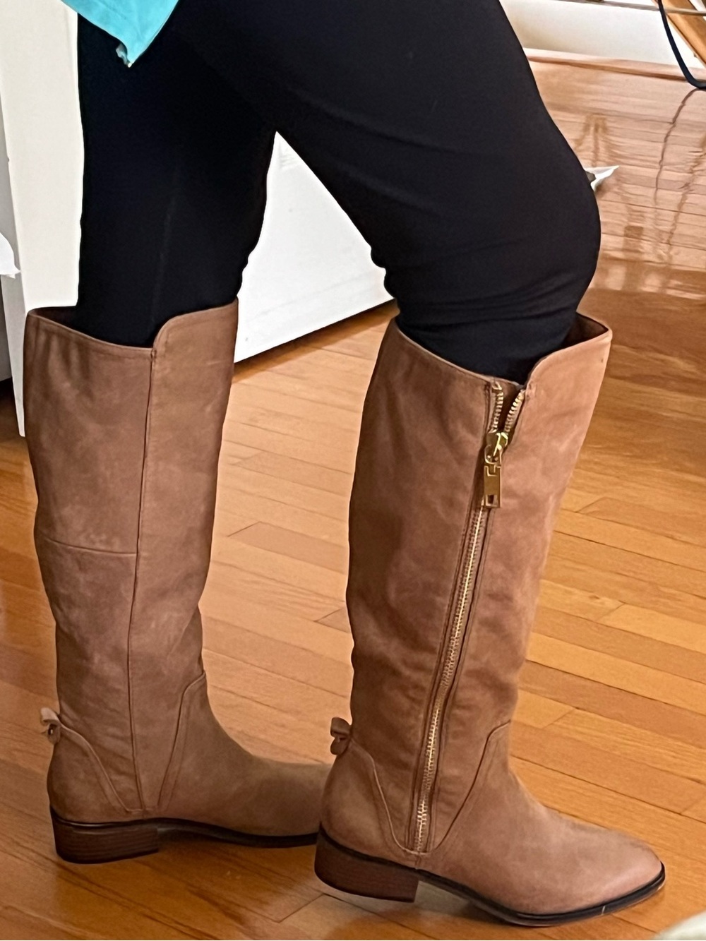 Aldo Tall Suede Riding Boots in Tan- Camel Brown with Gold Side Zip- Boho/Retro